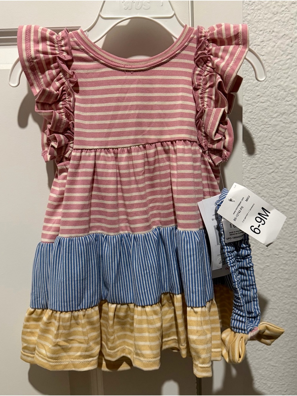 Bonnie Jean Pink, Blue & Yellow Striped Tiered Ruffle Dress with Headband